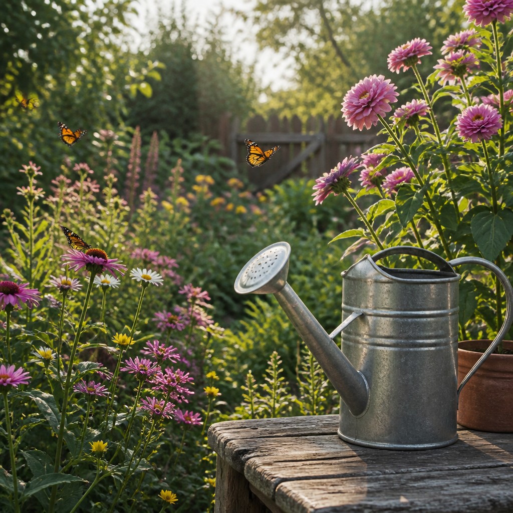 a garden scene with butterflies, flowers and a watering can, clean uncolored line art, no text — Digital Realism Art Style coloring page