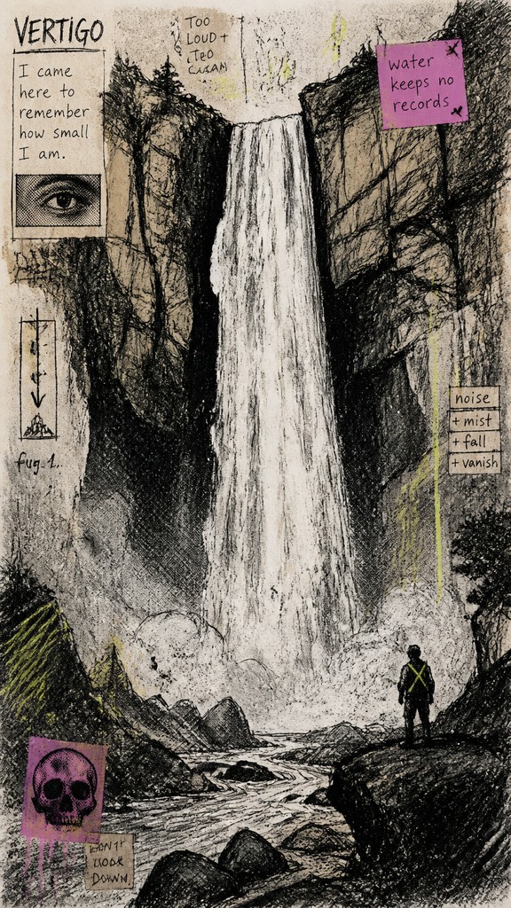 towering waterfall cascading down a cliff — Indie/Alternative Comic Art