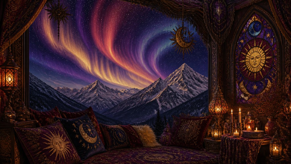 a flowing aurora over snowy peaks, wide sweeping composition, no people, no text — Whimsigoth Aesthetic banner