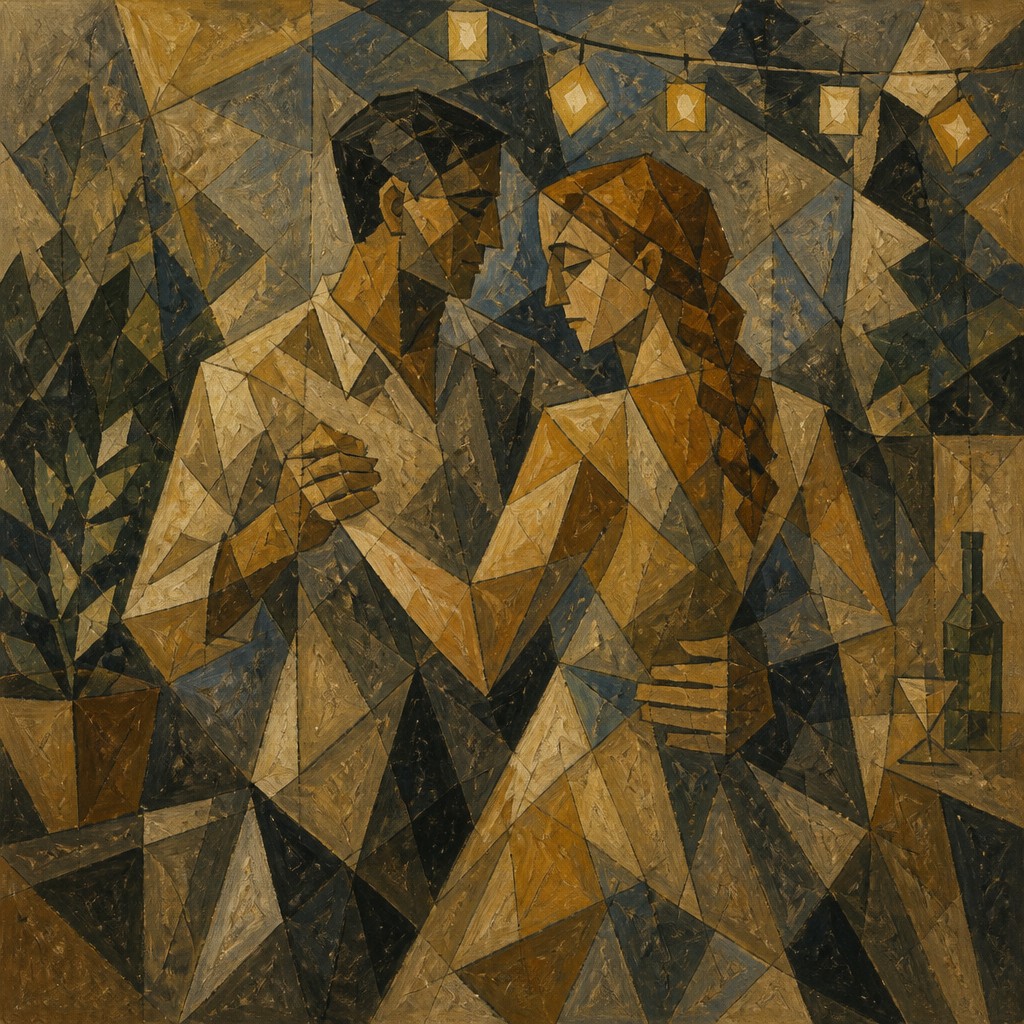 an original couple dancing under string lights in a garden at dusk: a man with short black hair in a linen shirt and a woman with braided red hair in a summer dress — Cubism Art Style couple portrait