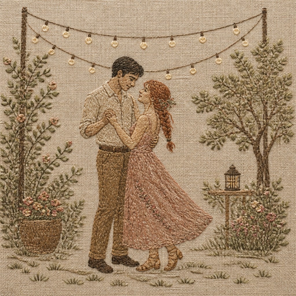 an original couple dancing under string lights in a garden at dusk: a man with short black hair in a linen shirt and a woman with braided red hair in a summer dress — Hand Embroidery Illustration / Textile Art couple portrait