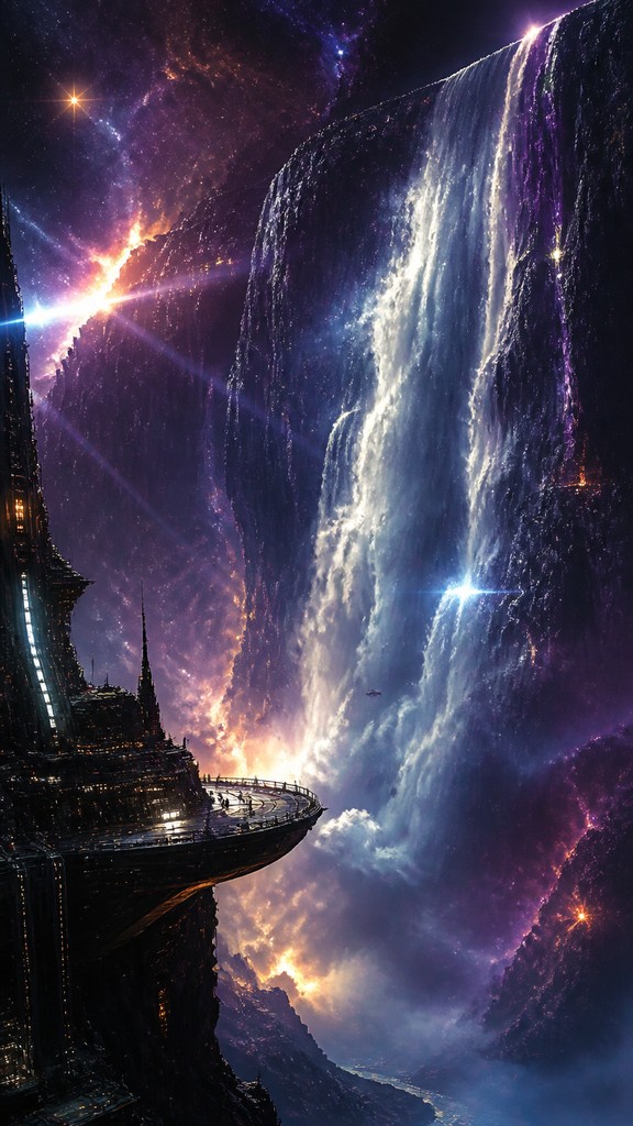 towering waterfall cascading down a cliff — Space Opera Sci-Fi Art