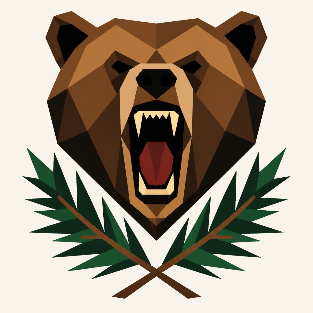 a roaring bear head above crossed pine branches, bold graphic composition on a plain background, no text — Hard-edge Painting Style t-shirt design