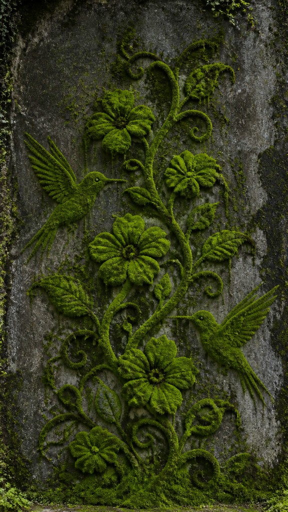 a climbing vine of flowers and hummingbirds on a dark background, tall wrapping composition, no text — Moss Graffiti Street Art Style phone case design