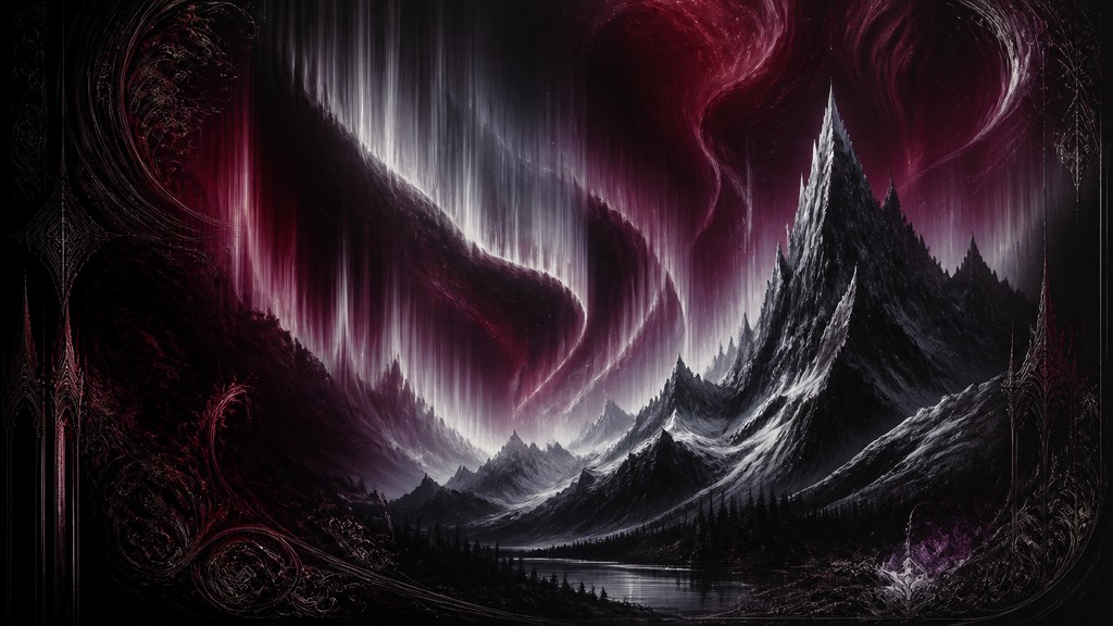 a flowing aurora over snowy peaks, wide sweeping composition, no people, no text — Modern Gothic Art banner