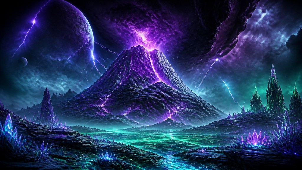 an erupting volcano with lightning strikes, dramatic wide composition, no text — Alien World Sci-Fi Art YouTube thumbnail