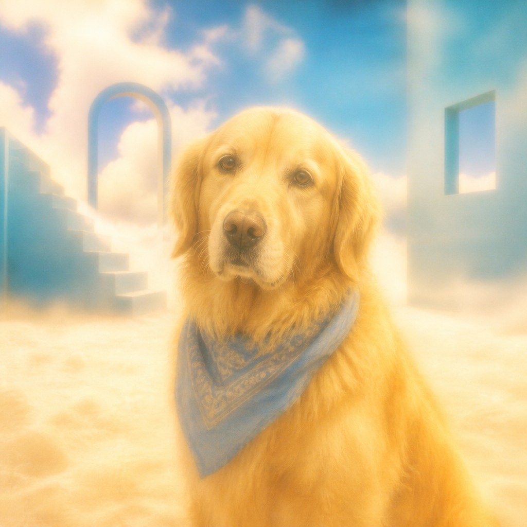 portrait of a golden retriever wearing a blue bandana, warm plain backdrop, no text — Dreamcore Aesthetic pet portrait