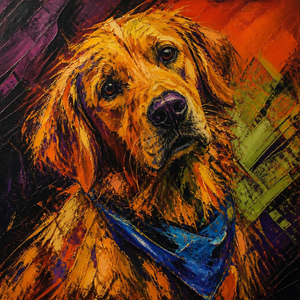 portrait of a golden retriever wearing a blue bandana, warm plain backdrop, no text — Expressionism Art Style pet portrait