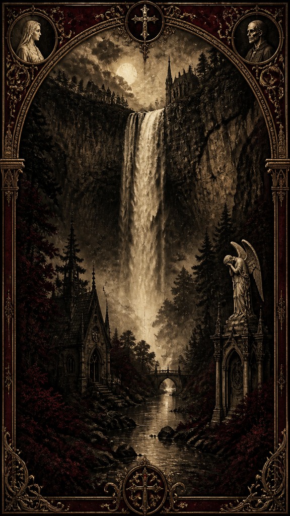 towering waterfall cascading down a cliff — Victorian Gothic Art
