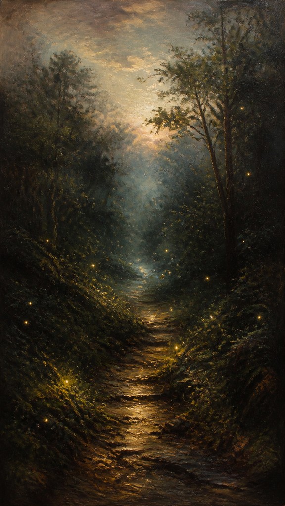 a mysterious forest path with fireflies and drifting mist, atmospheric vertical composition with open space at the top, no text — Oil Painting Art Style book cover