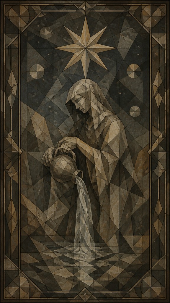 a robed figure pouring water beneath a large eight-pointed star in a night sky, symmetrical composition with an ornate decorative border, no text — Analytical Cubism Art Style tarot card