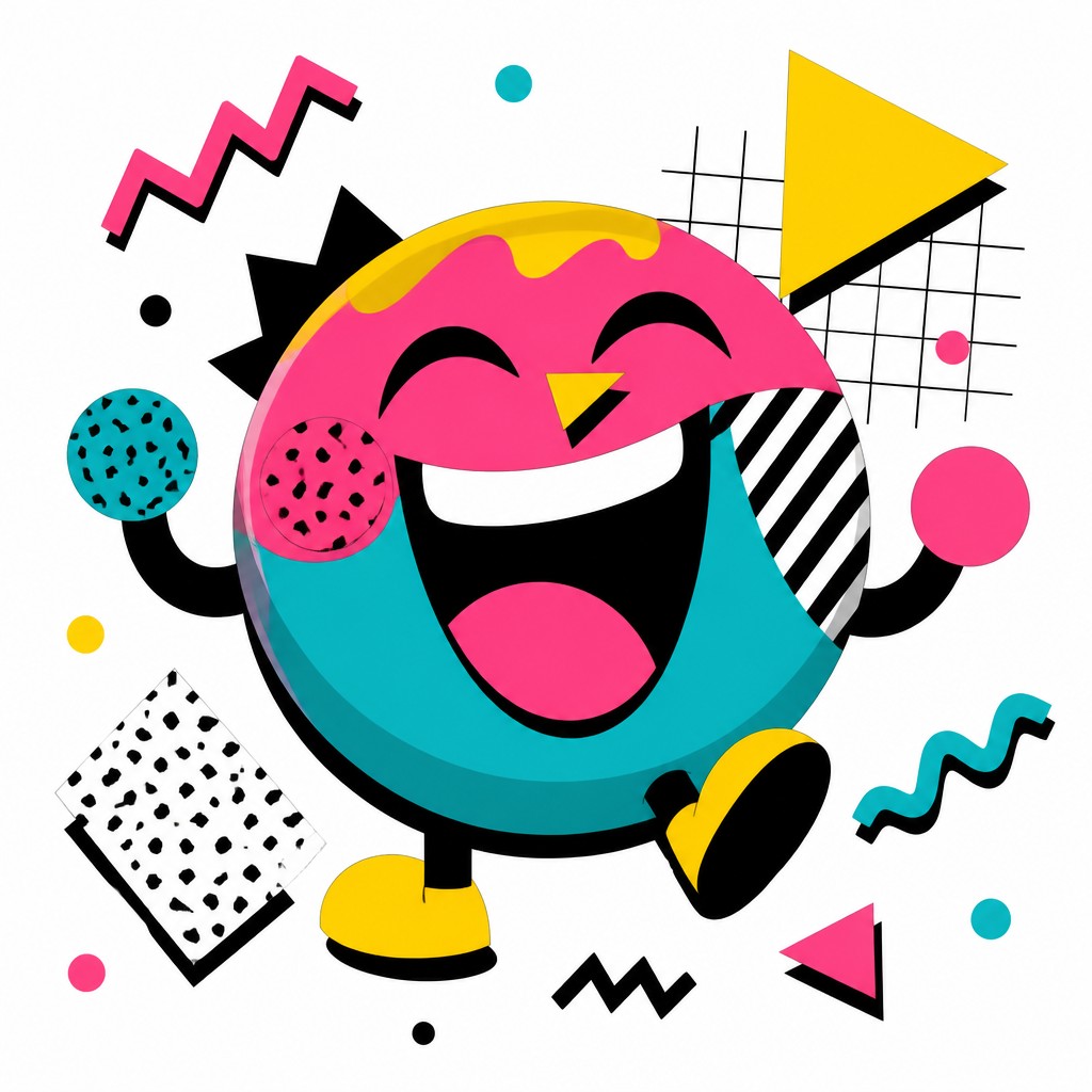 an exaggerated laughing face of an original round mascot character, bold and readable at small size, plain background, no text — Memphis Design Twitch emote