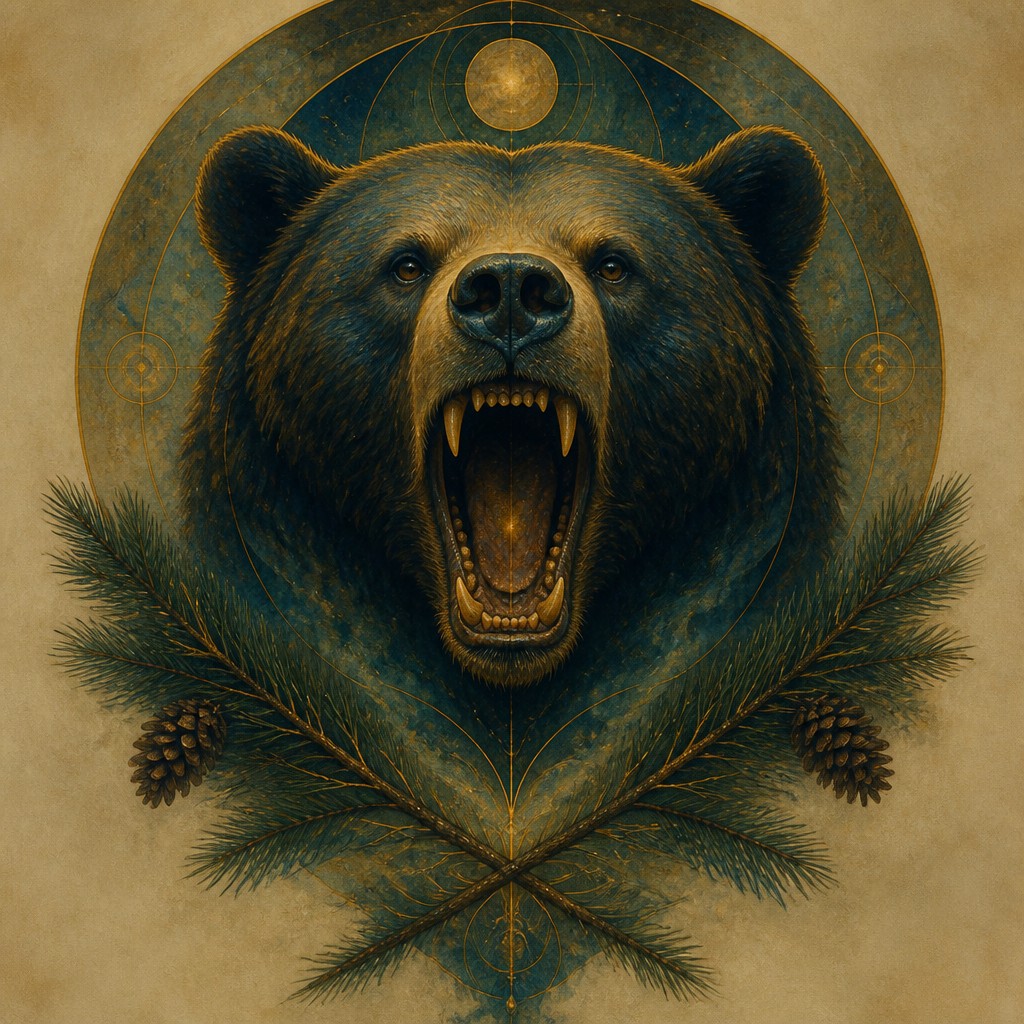 a roaring bear head above crossed pine branches, bold graphic composition on a plain background, no text — Symbolism Art Style t-shirt design