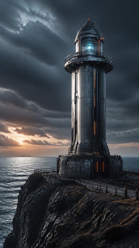 a lone lighthouse on a cliff at dusk under a dramatic sky, no text or lettering — Hard Sci-Fi Art poster