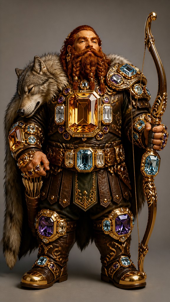 full-body original character: a dwarven ranger with a braided auburn beard, worn leather armor, a longbow and a wolf-pelt cloak, neutral background, no text — Cocktail Ring Era Jewelry Style tabletop character portrait