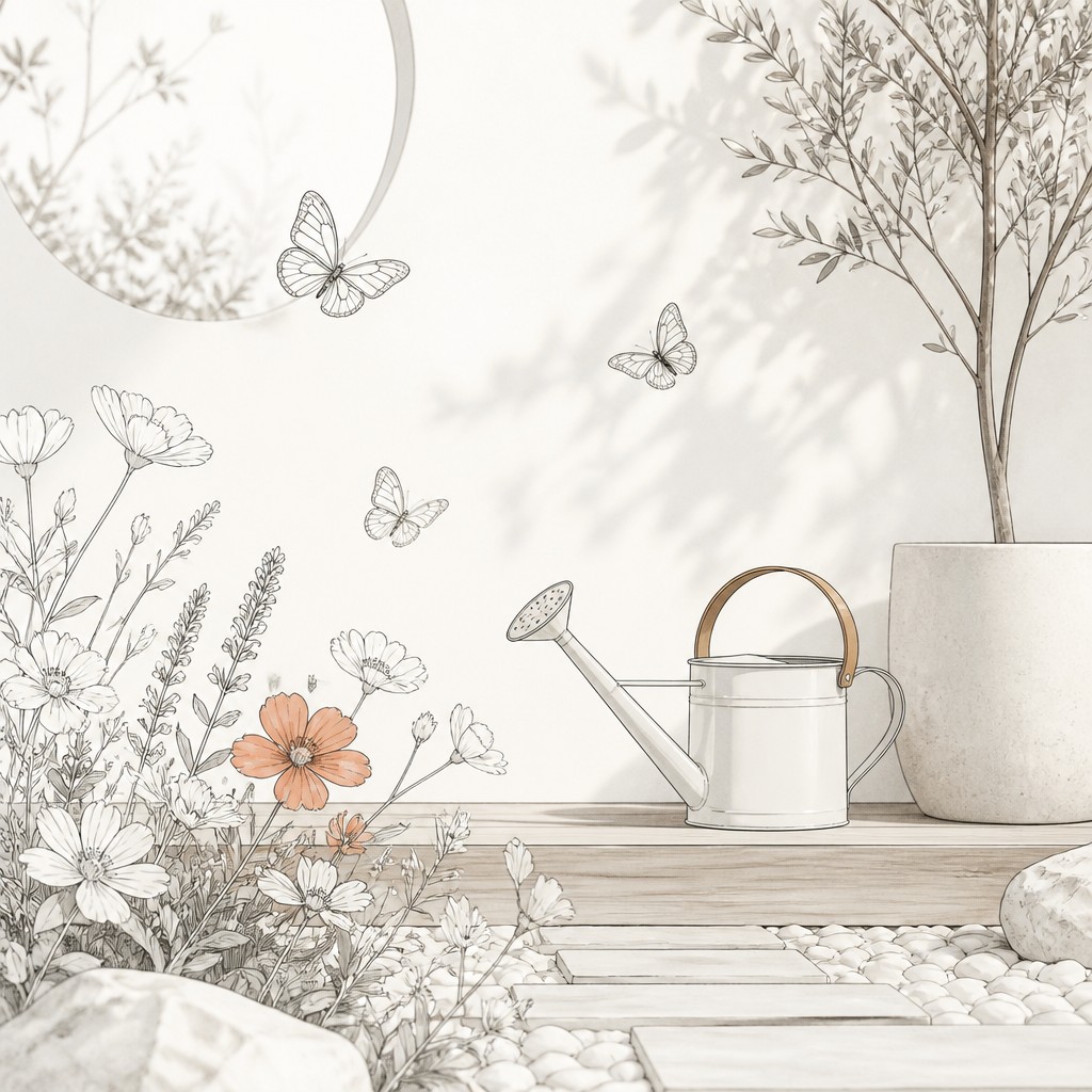 a garden scene with butterflies, flowers and a watering can, clean uncolored line art, no text — Minimalist Interior Design coloring page