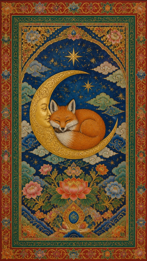 a sleeping baby fox curled on a crescent moon among soft stars, gentle and warm, no text — Tibetan Religious Art baby announcement
