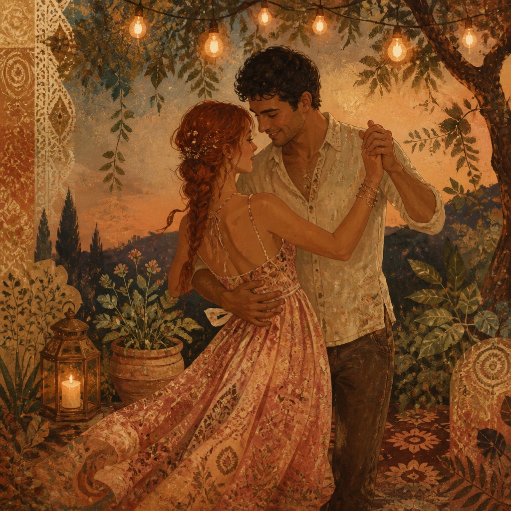 an original couple dancing under string lights in a garden at dusk: a man with short black hair in a linen shirt and a woman with braided red hair in a summer dress — Bohemian Fashion Design couple portrait
