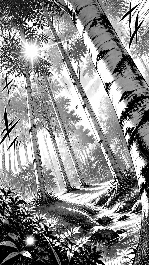 a serene birch forest in soft morning light, no people, no text — Manga Comic Art wall art print