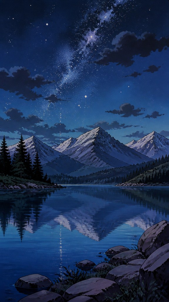 a tranquil mountain lake beneath a starry night sky, no people, no text — 90s Anime Cell Animation Still phone wallpaper