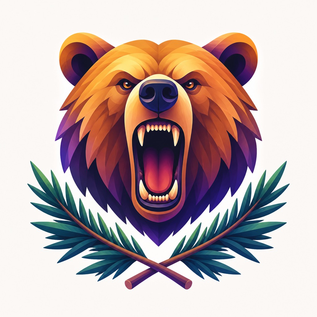 a roaring bear head above crossed pine branches, bold graphic composition on a plain background, no text — Gradient Icon Design t-shirt design