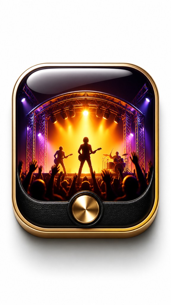 a live music scene with a glowing stage and silhouetted crowd, energetic vertical composition with open space at the top, no text — Skeuomorphic Icon Design flyer