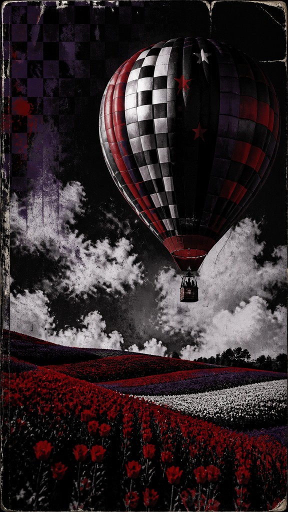 a hot air balloon drifting over rolling flower fields on a sunny day, cheerful, no text — Emo Aesthetic greeting card