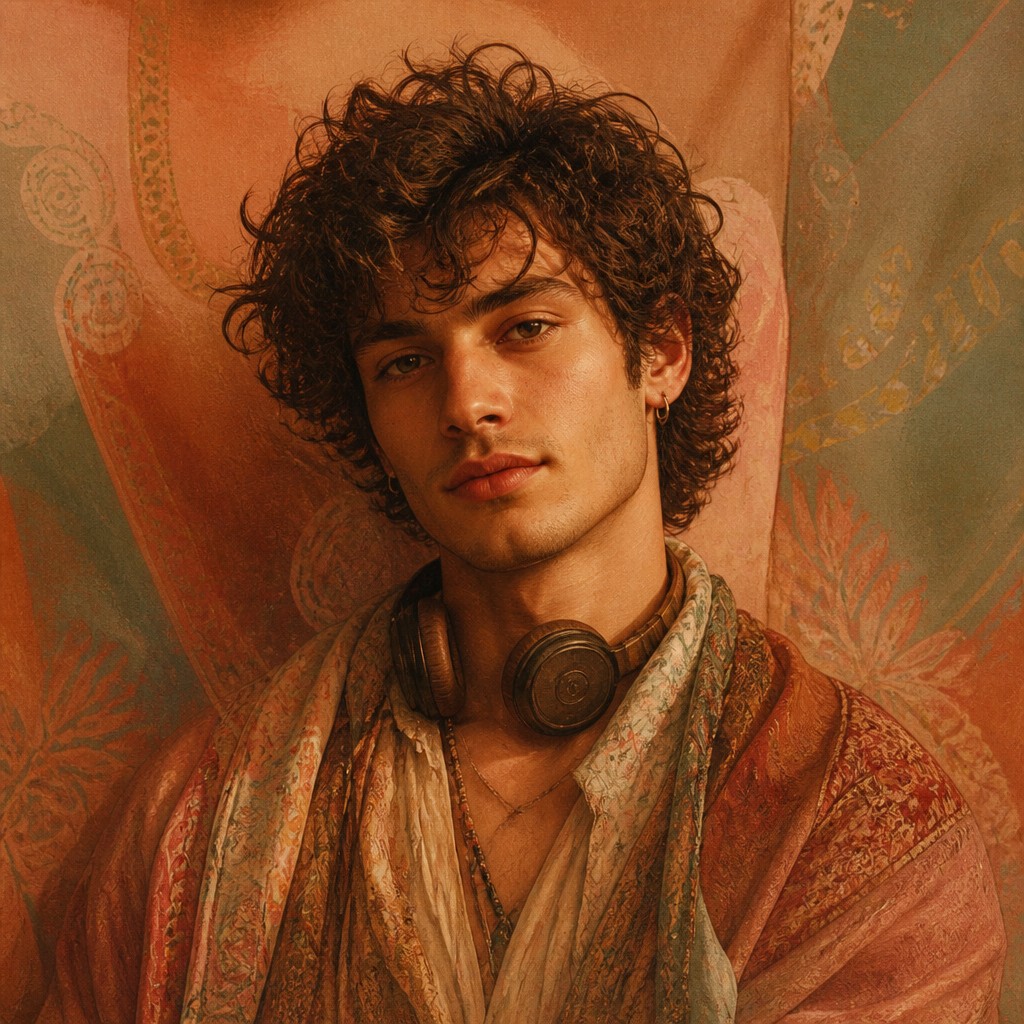 head-and-shoulders portrait of an original character: a young man with curly dark hair and headphones around his neck, plain backdrop, no text — Bohemian Fashion Design Discord profile picture
