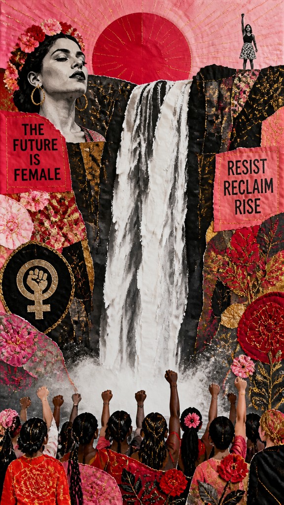 towering waterfall cascading down a cliff — Feminist Art Style