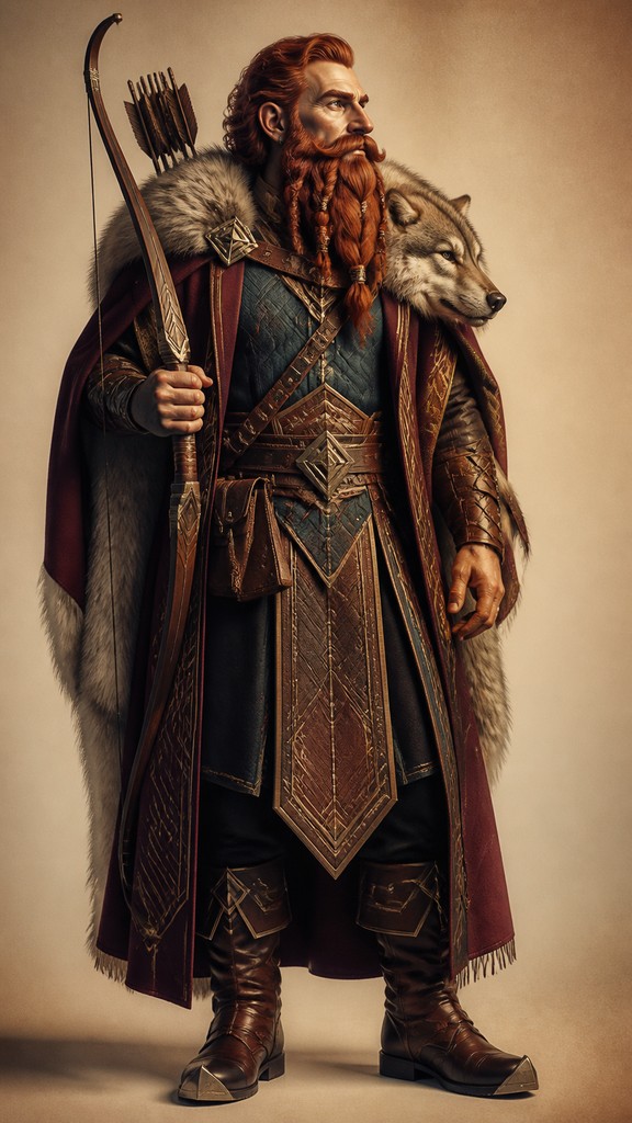 full-body original character: a dwarven ranger with a braided auburn beard, worn leather armor, a longbow and a wolf-pelt cloak, neutral background, no text — Vintage Retro Fashion Design tabletop character portrait
