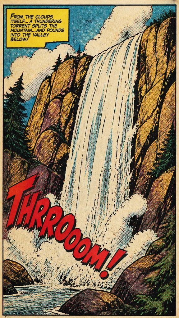 towering waterfall cascading down a cliff — Retro Comic Art