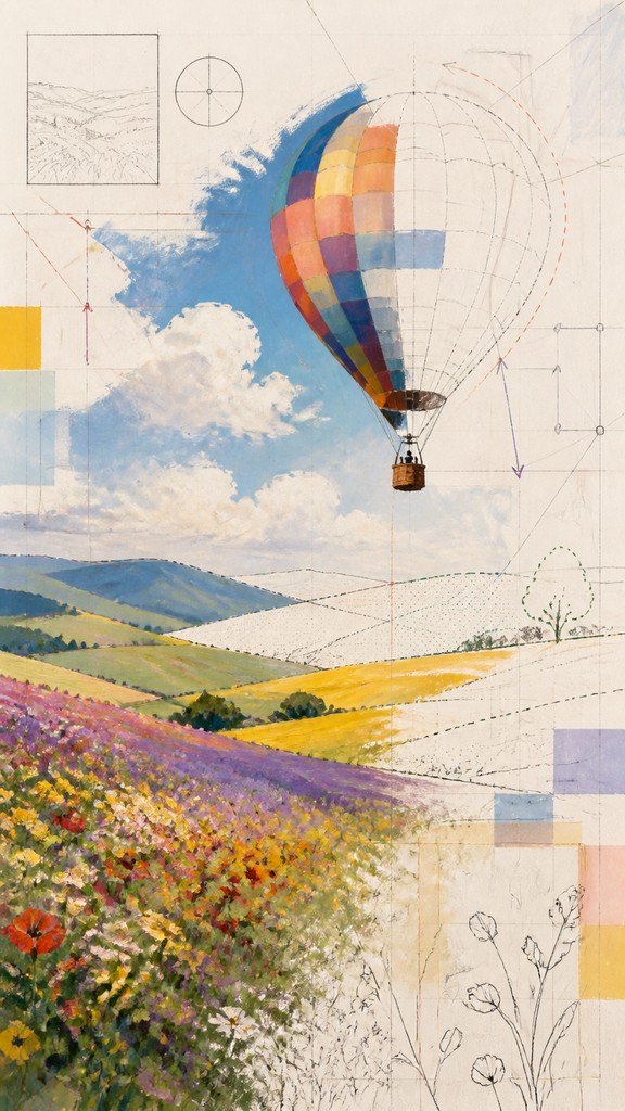 a hot air balloon drifting over rolling flower fields on a sunny day, cheerful, no text — Participatory Contemporary Art Style greeting card