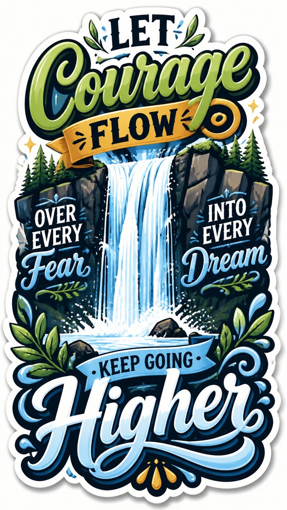 towering waterfall cascading down a cliff — Typography Sticker Design
