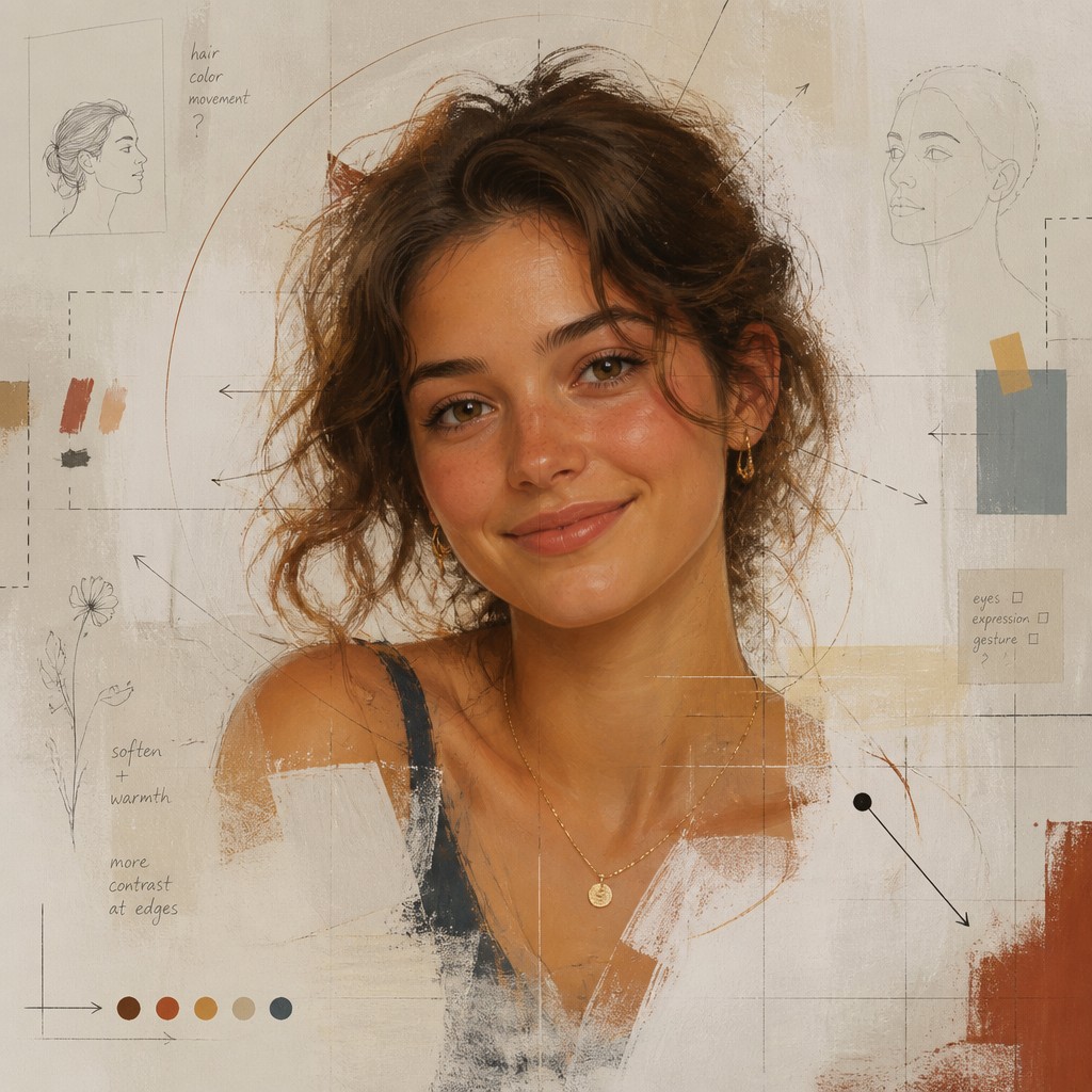head-and-shoulders portrait of an original character: a young woman with wavy chestnut hair and a warm smile, plain soft backdrop — Participatory Contemporary Art Style profile picture