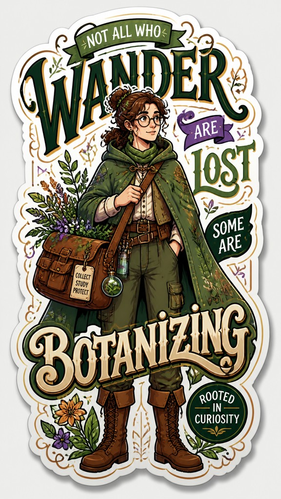 full-body original character: a wandering botanist with a satchel of plants, a patched green cloak, tall boots and round glasses, neutral background — Typography Sticker Design character design