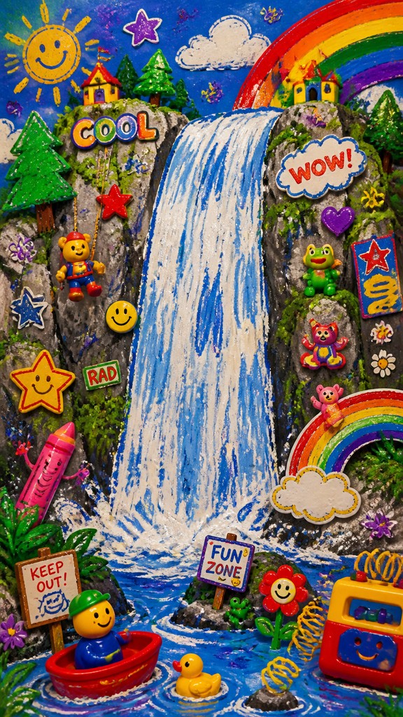 towering waterfall cascading down a cliff — Kidcore Aesthetic