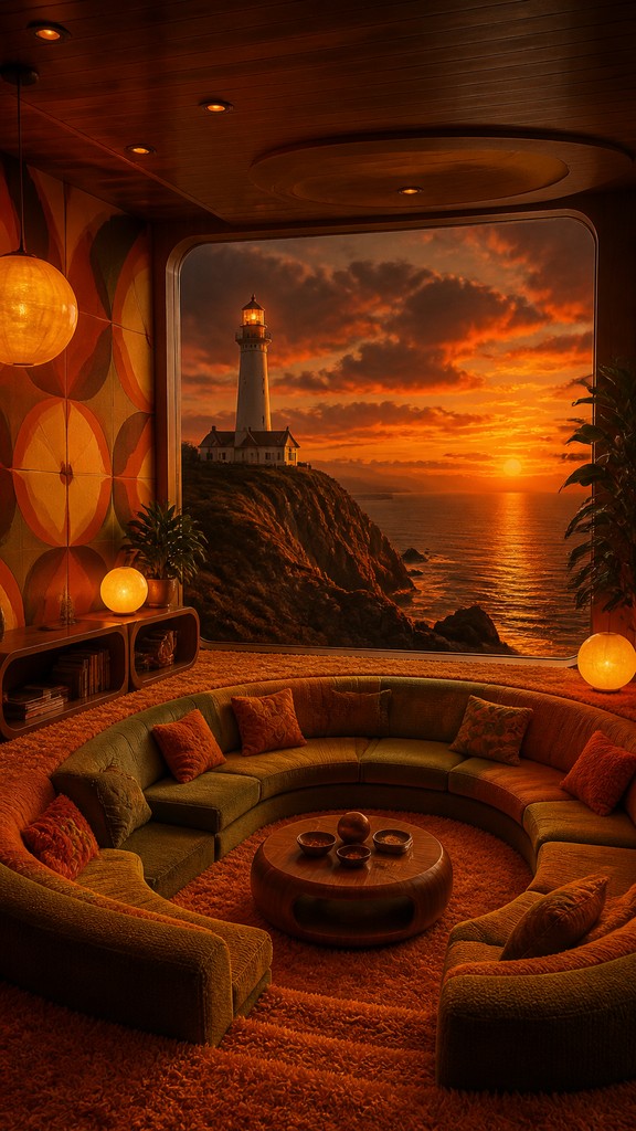 a lone lighthouse on a cliff at dusk under a dramatic sky, no text or lettering — Retro 70s Interior Design poster
