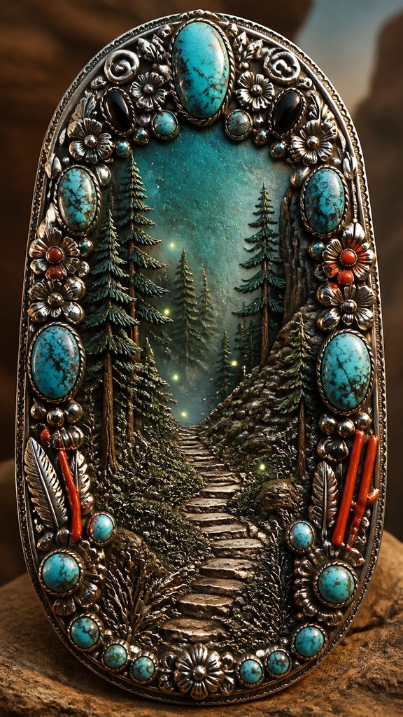 a mysterious forest path with fireflies and drifting mist, atmospheric vertical composition with open space at the top, no text — Southwestern Turquoise Jewelry Style book cover