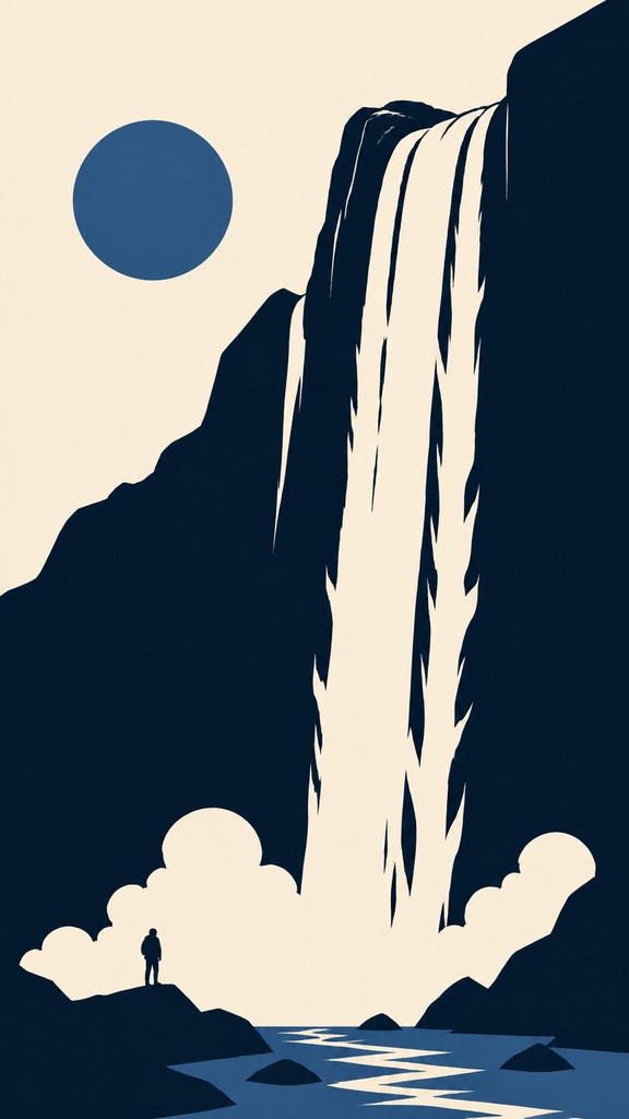 towering waterfall cascading down a cliff — Minimalist Poster Design