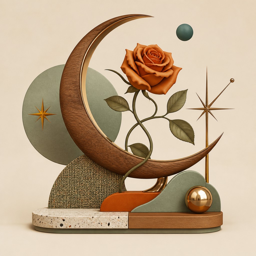 a rose entwined with a crescent moon, clean balanced composition on a plain background, no text — Mid-Century Modern Interior Design tattoo design