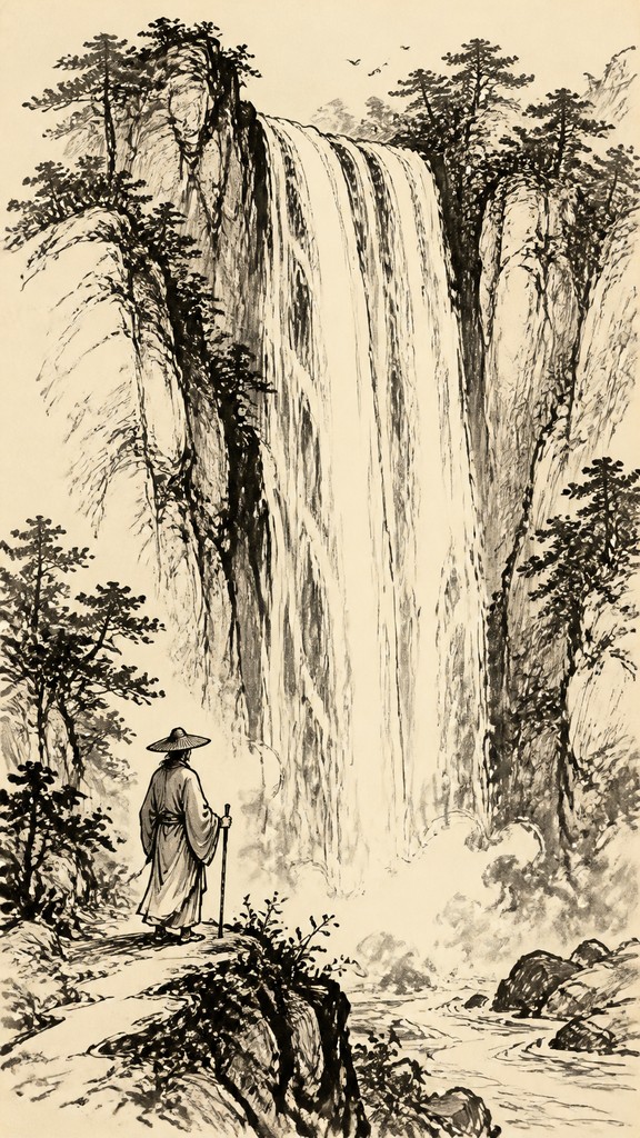 towering waterfall cascading down a cliff — Pen and Ink Drawing Style