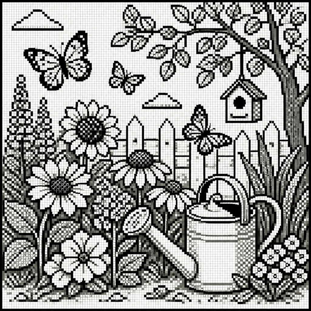 a garden scene with butterflies, flowers and a watering can, clean uncolored line art, no text — Pixel Digital Art Style coloring page