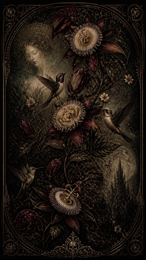 a climbing vine of flowers and hummingbirds on a dark background, tall wrapping composition, no text — Victorian Gothic Art phone case design