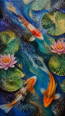 a koi pond with lily pads seen from above, no people — Fluid Abstract Art Style wallpaper