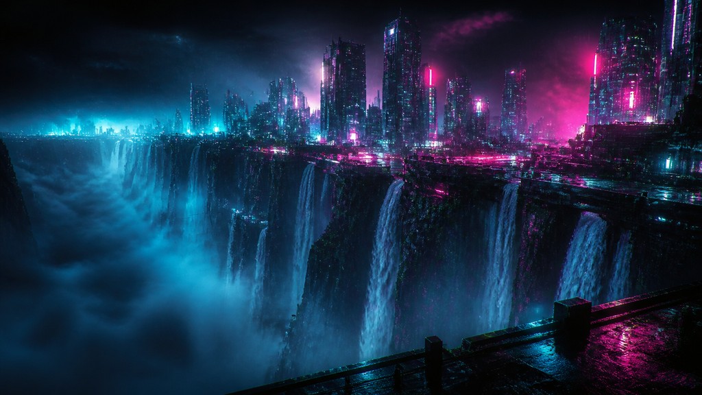 a cliffside city with waterfalls cascading into a misty canyon, wide establishing shot, no people, no text — Cyberpunk Sci-Fi Art concept art