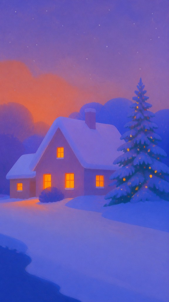 a snow-covered cottage with warm glowing windows beside a decorated pine tree, gentle snowfall, no text — Color Field Painting Style Christmas card