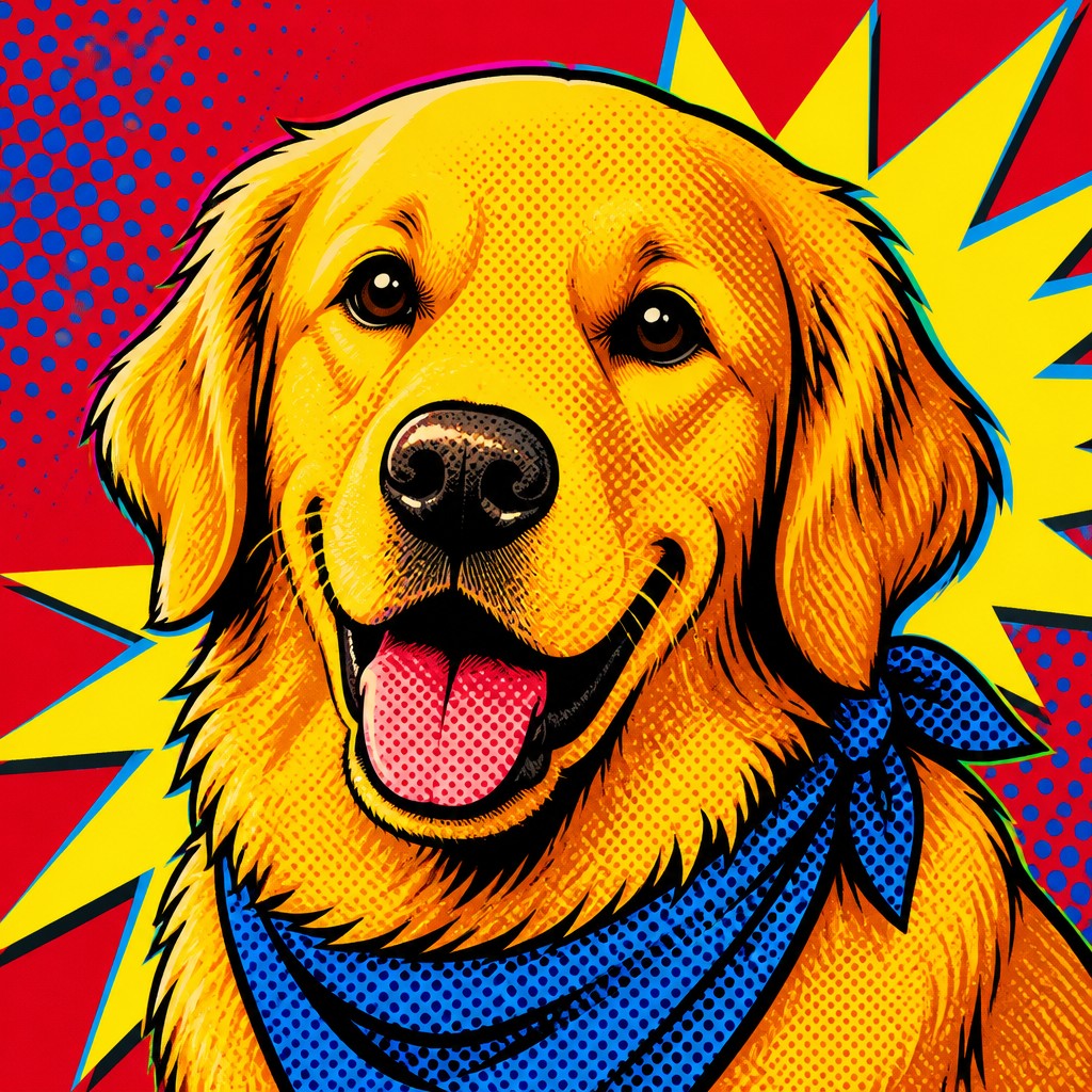 portrait of a golden retriever wearing a blue bandana, warm plain backdrop, no text — Advertisement Pop Art Style pet portrait