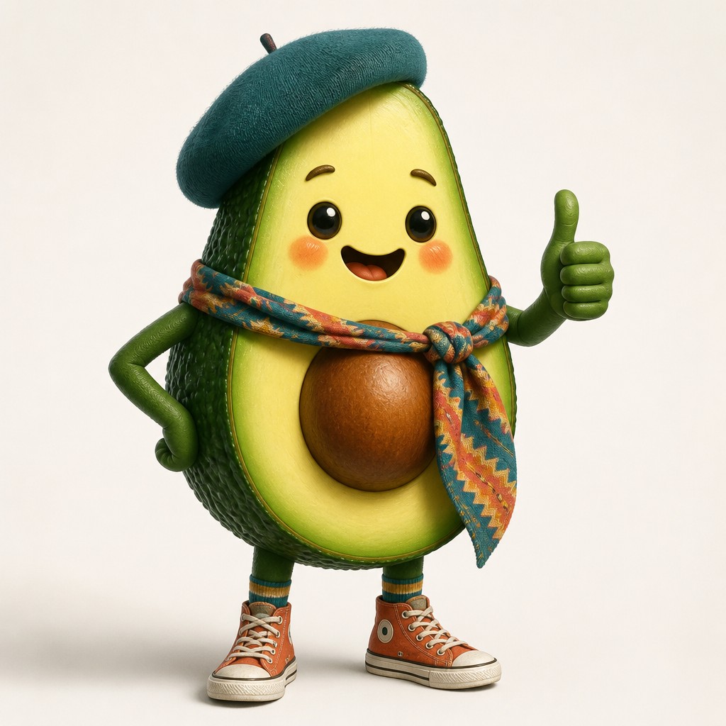 a happy avocado character giving a thumbs up, bold readable design on a plain background, no text — Eclectic Interior Design sticker