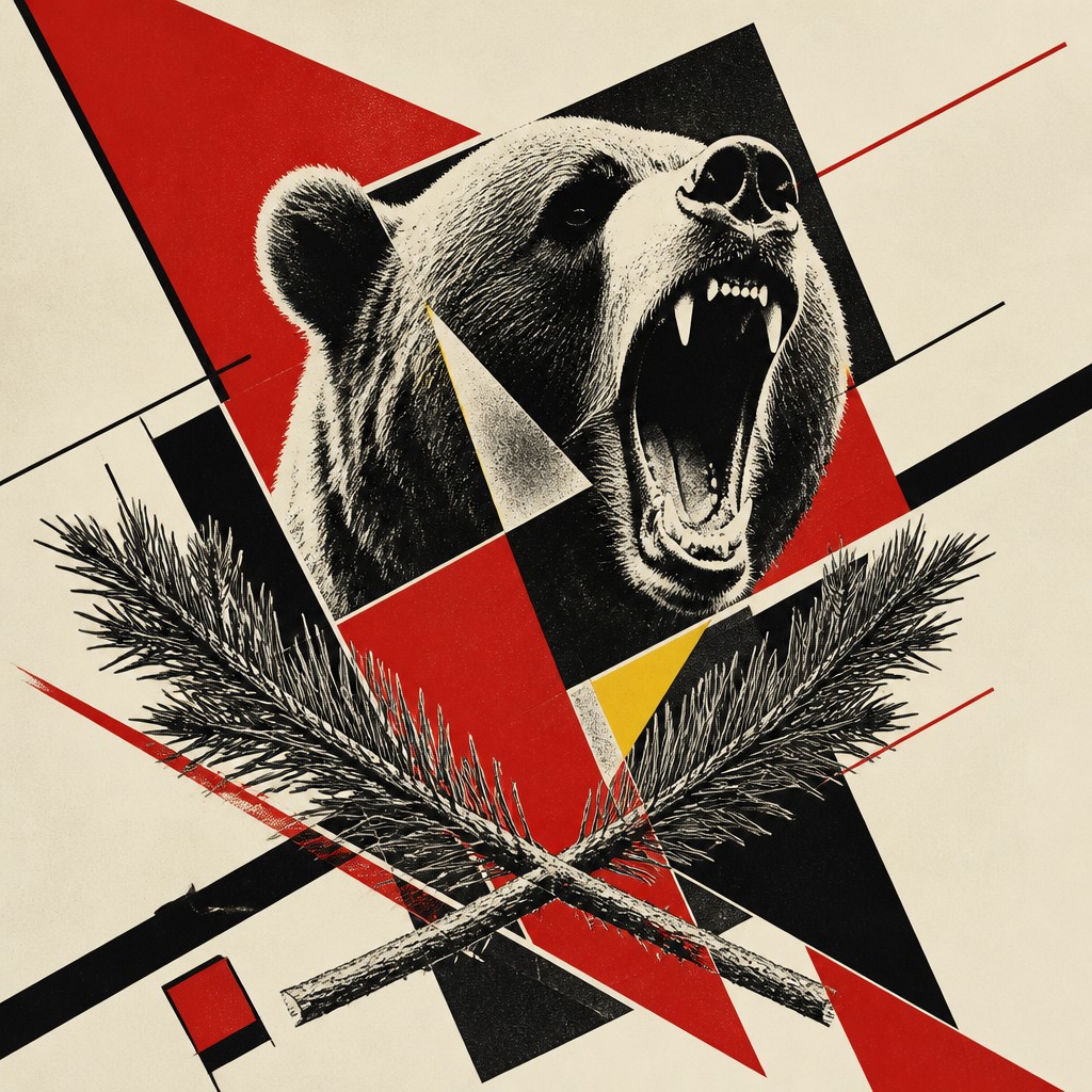 a roaring bear head above crossed pine branches, bold graphic composition on a plain background, no text — Constructivism Art Style t-shirt design