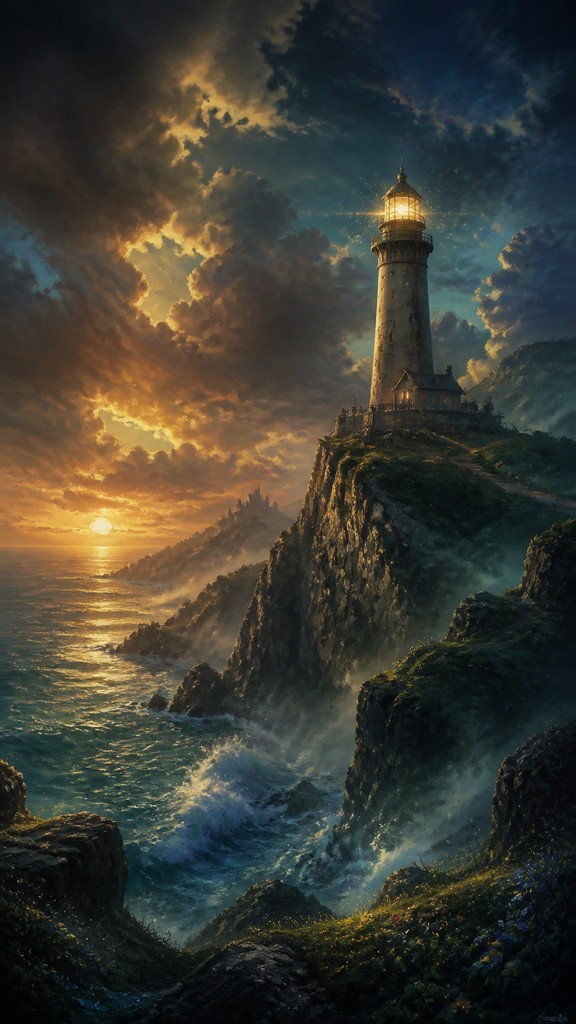 a lone lighthouse on a cliff at dusk under a dramatic sky, no text or lettering — Epic Fantasy Art poster